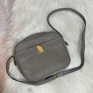 Salvatore Ferragamo Grey Vara Bow Monogram Logo Camera Suede Shoulder Sl…